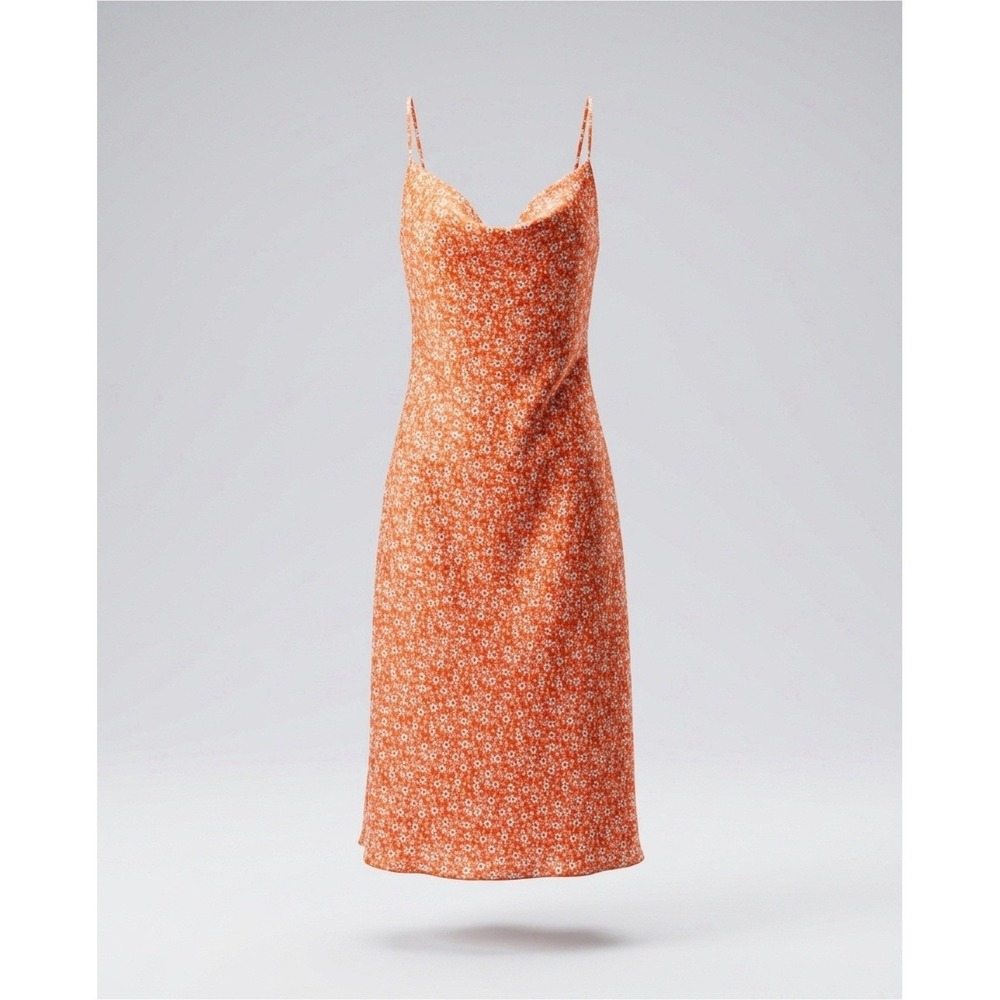 Bebe Midi Slip Dress Womens XL Orange Excellent Floral Cowl Neck Satin Y2K Style